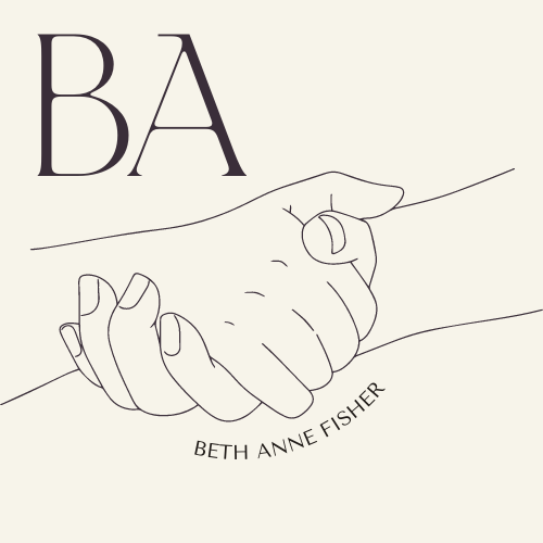 An image with a line drawing of two hands grasping each other. The text reads "BA - Beth Anne Fisher."